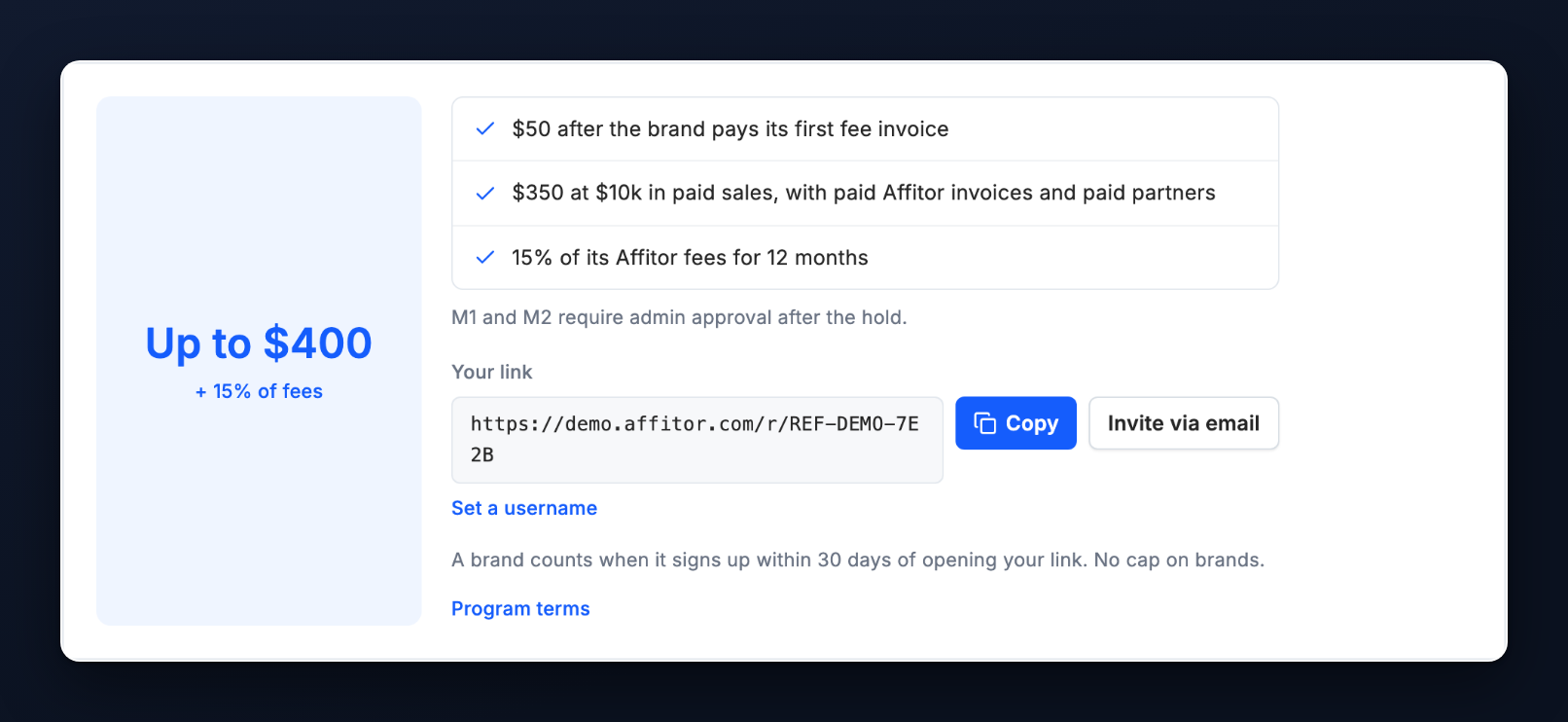 Referrals with the three reward lines, the approval note and your link with Copy